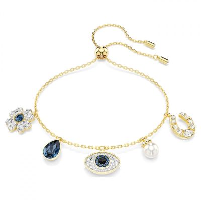 Pulseira Swarovski Symbolica Trevo de quatro folhas olho grego e ferradura Azul Lacado a dourado M