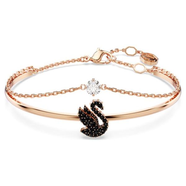 Bracelete Swarovski Swan Cisne Preto Lacado a Rosa Dourado M