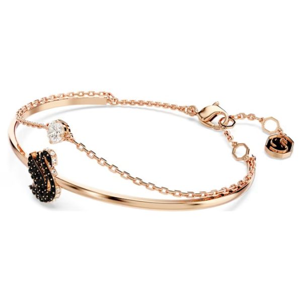 Bracelete Swarovski Swan Cisne Preto Lacado a Rosa Dourado M