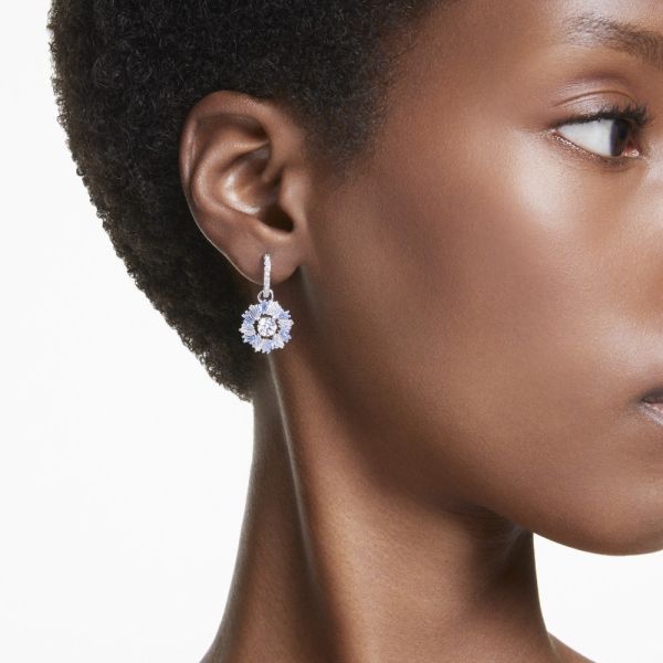 Brincos compridos Swarovski Idyllia Flor Azuis Lacado a ródio