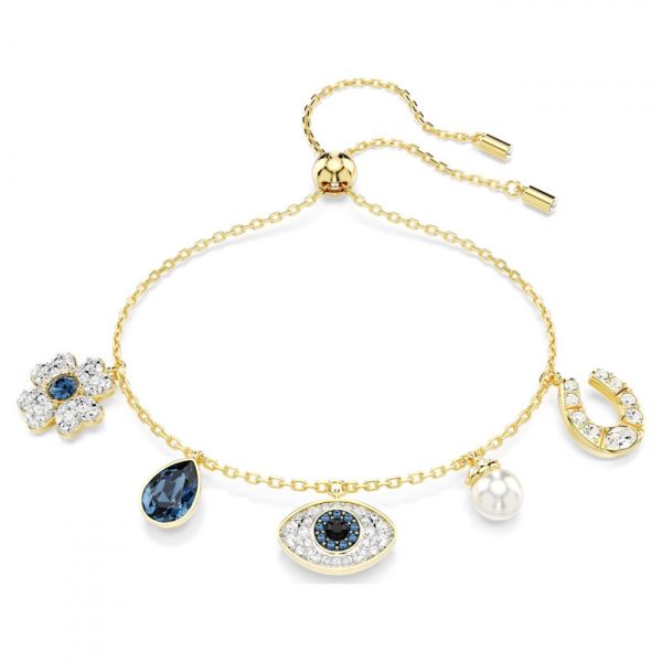 Pulseira Swarovski Symbolica Trevo de quatro folhas olho grego e ferradura Azul Lacado a dourado M