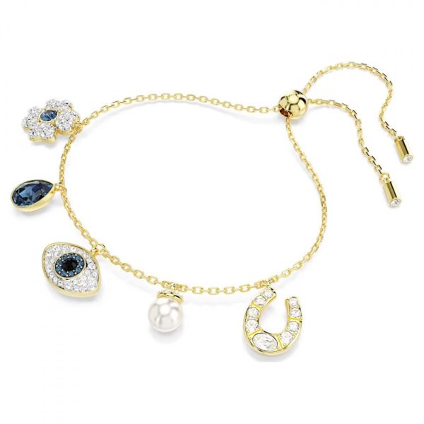 Pulseira Swarovski Symbolica Trevo de quatro folhas olho grego e ferradura Azul Lacado a dourado M