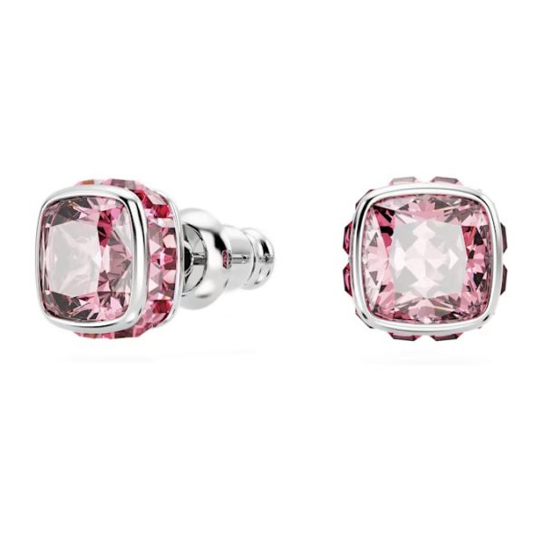 Brincos Swarovski stud Birthstone Lapidação quadrada Outubro Rosa Lacado a ródio
