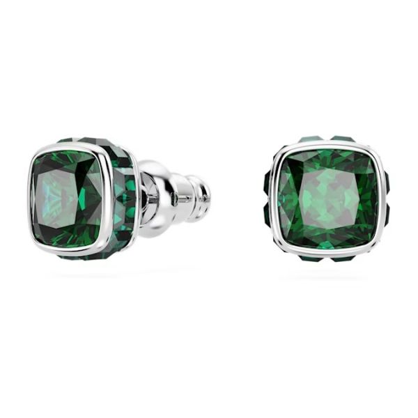 Brincos stud Birthstone Lapidação quadrada Maio Verde Lacado a ródio