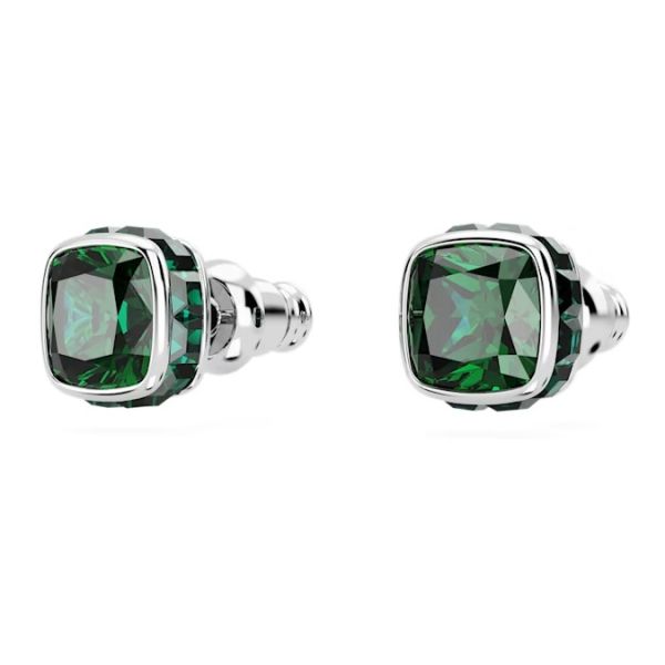 Brincos stud Birthstone Lapidação quadrada Maio Verde Lacado a ródio