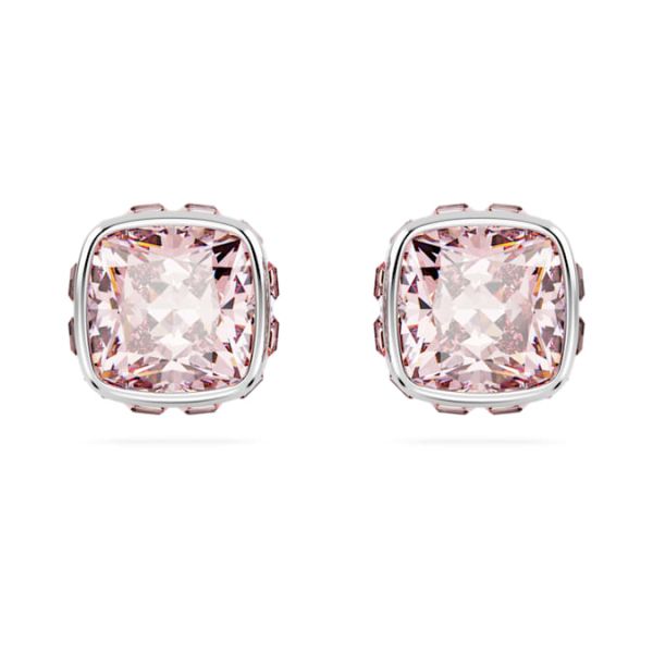 Brincos Swarovski stud Birthstone Lapidação quadrada Junho Rosa Lacado a ródio