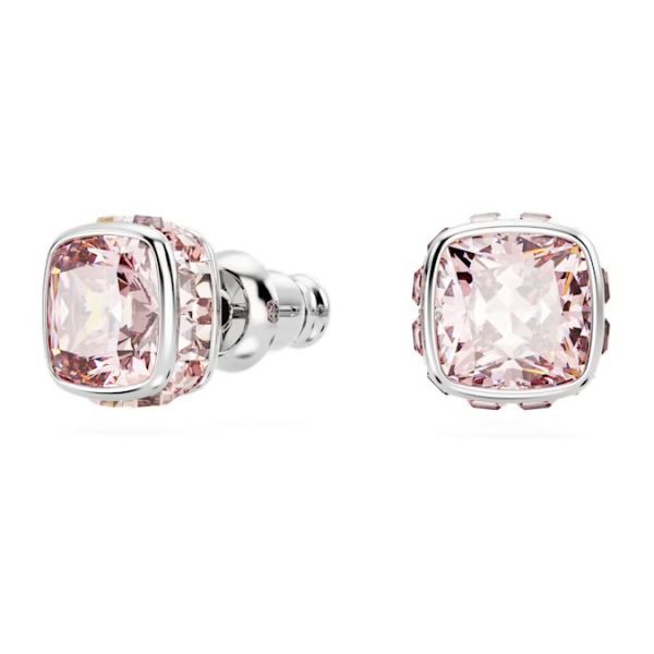 Brincos Swarovski stud Birthstone Lapidação quadrada Junho Rosa Lacado a ródio