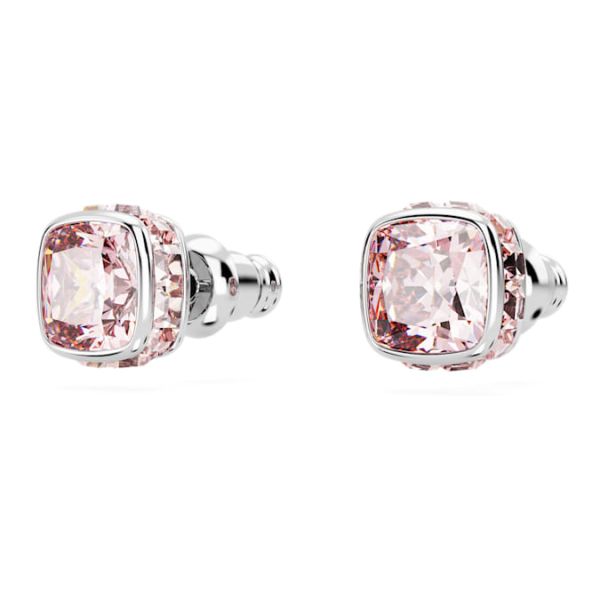 Brincos Swarovski stud Birthstone Lapidação quadrada Junho Rosa Lacado a ródio
