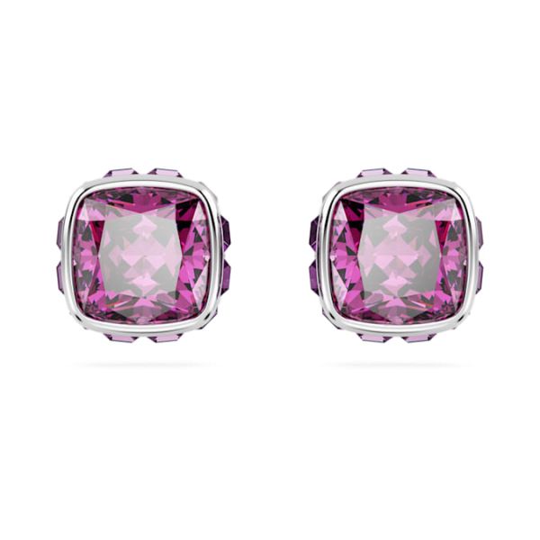 Brincos Swarovski stud Birthstone Lapidação quadrada Fevereiro Roxo Lacado a ródio