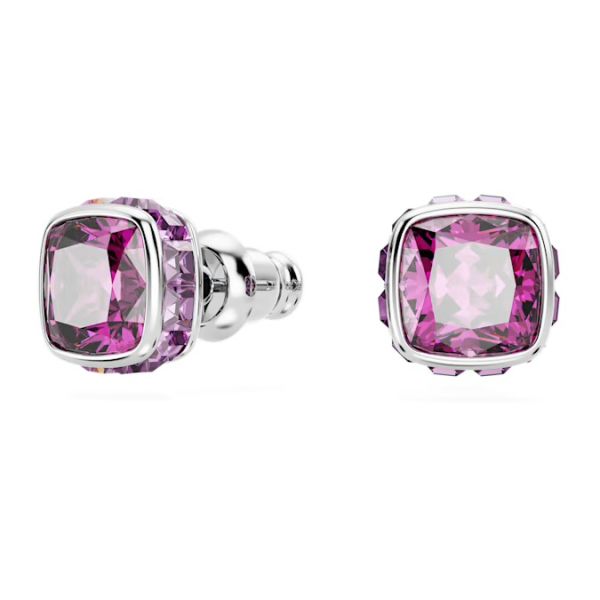 Brincos Swarovski stud Birthstone Lapidação quadrada Fevereiro Roxo Lacado a ródio