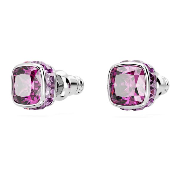 Brincos Swarovski stud Birthstone Lapidação quadrada Fevereiro Roxo Lacado a ródio