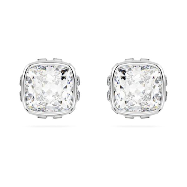 Brincos Swarovski stud Birthstone Lapidação quadrada Abril Branco Lacado a ródio