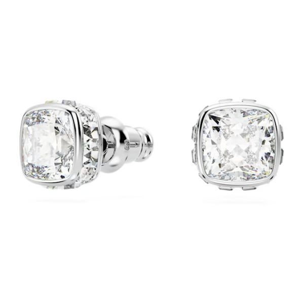 Brincos Swarovski stud Birthstone Lapidação quadrada Abril Branco Lacado a ródio
