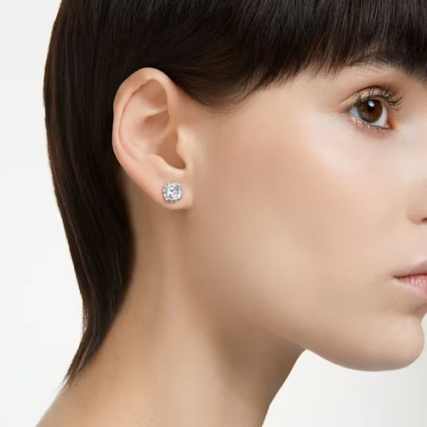 Brincos Swarovski stud Birthstone Lapidação quadrada Abril Branco Lacado a ródio