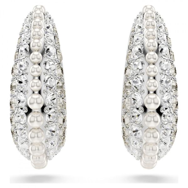 Brincos Swarovski compridos Sublima Crystal Pearl Lapidação redonda Branco Lacado a ródio