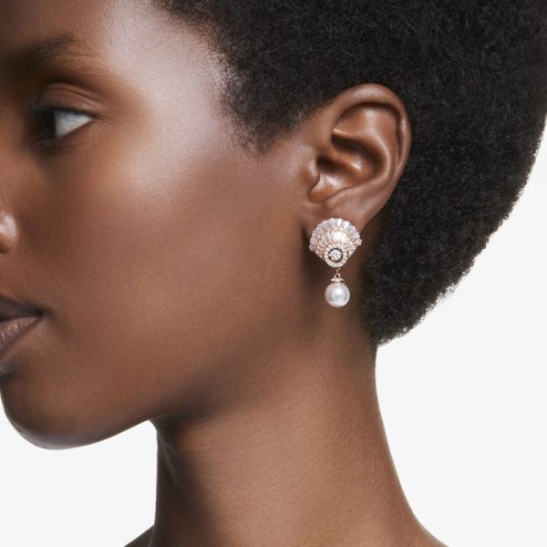 Brincos compridos Swarovski Idyllia Concha Branco Lacado a rosa dourado