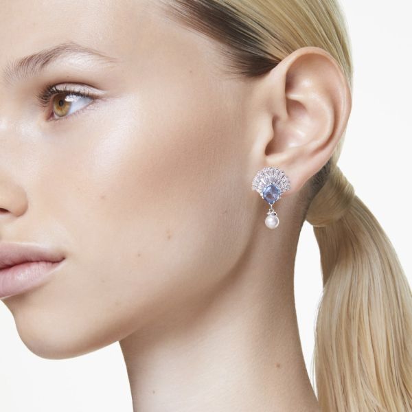 Brincos compridos Swarovski Idyllia Concha Azuis Lacado a ródio