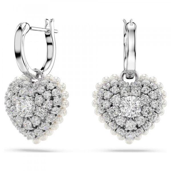 Brincos Swarovski Compridos Hyperbola Coração Branco Lacado a Ródio