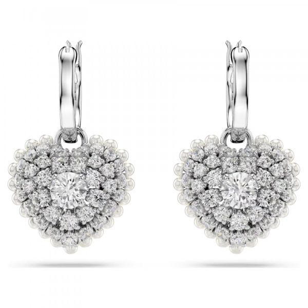 Brincos Swarovski Compridos Hyperbola Coração Branco Lacado a Ródio