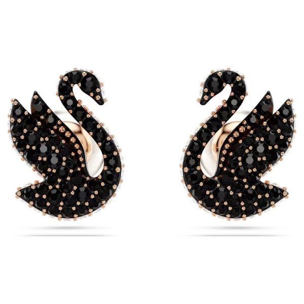 Brincos Swarovski Stud Swan Cisne Pretos Lacado a Rosa Dourado