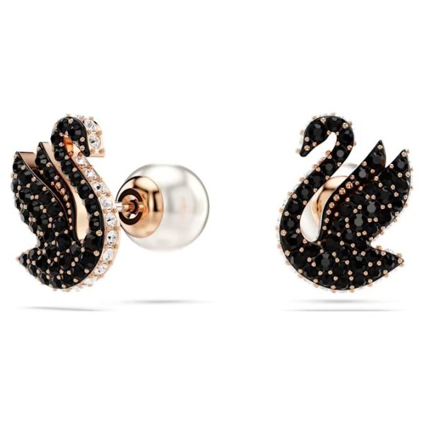 Brincos Swarovski Stud Swan Cisne Pretos Lacado a Rosa Dourado