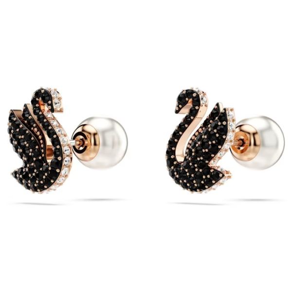 Brincos Swarovski Stud Swan Cisne Pretos Lacado a Rosa Dourado