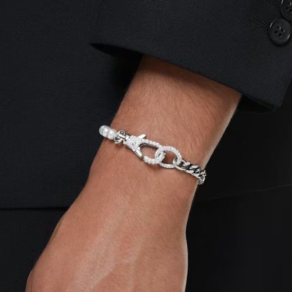 Pulseira Swarovski Dextera Pavé Crystal Pearl Branca Lacado a ródio M