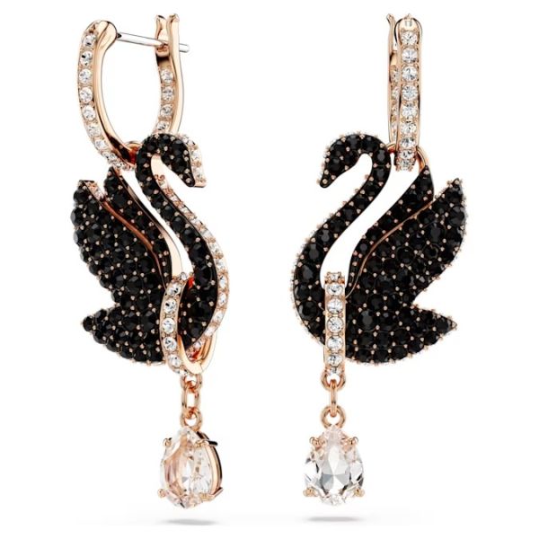 Brincos Swarovski Compridos Swan Cisne Pretos Lacado a Rosa Dourado