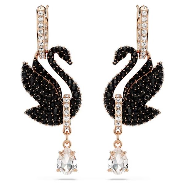 Brincos Swarovski Compridos Swan Cisne Pretos Lacado a Rosa Dourado