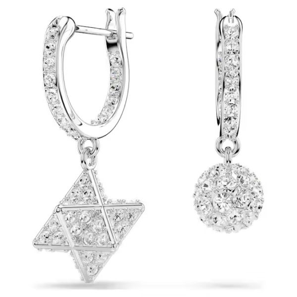  Brincos Swarovski compridos Dextera Design assimétrico Lapidação redonda Estrela e esfera Branco Lacado a ródio