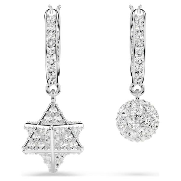  Brincos Swarovski compridos Dextera Design assimétrico Lapidação redonda Estrela e esfera Branco Lacado a ródio
