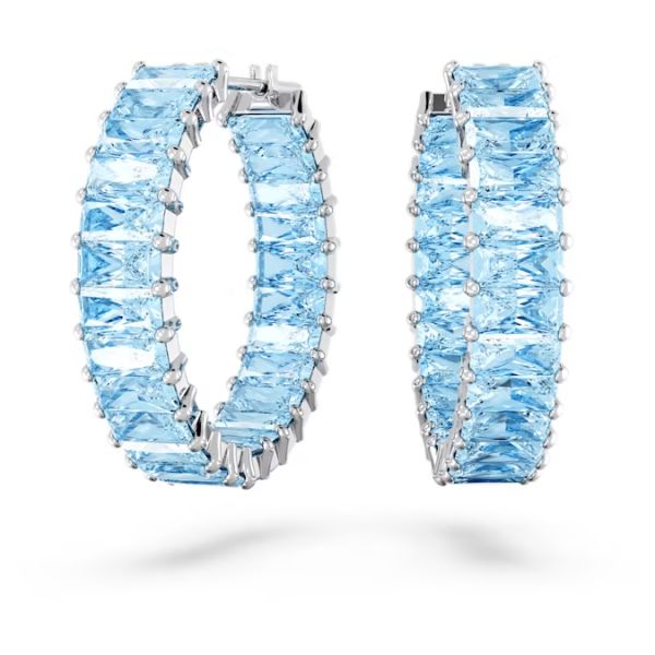 Brincos Swarovski argola Matrix Lapidação Baguete Azul Lacado a ródio