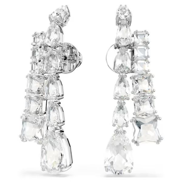 Brincos Swarovski compridos Matrix Combinação de lapidações Branco Lacado a ródio