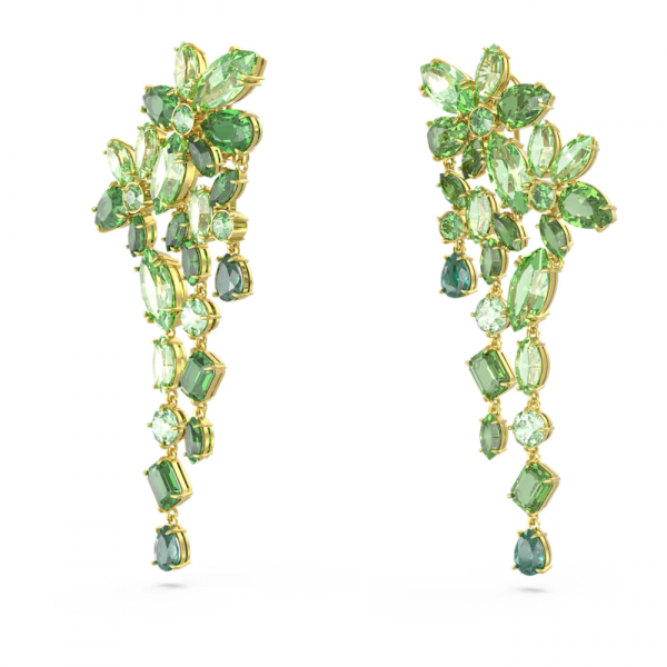 Brincos Swarovski Compridos Gema Combinação de Lapidações Verde Lacado a Dourado