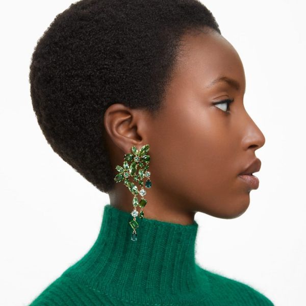 Brincos Swarovski Compridos Gema Combinação de Lapidações Verde Lacado a Dourado