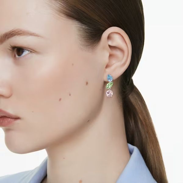 Brincos Swarovski compridos Gema Design assimétrico Combinação de lapidações Multicor Lacado a ródio