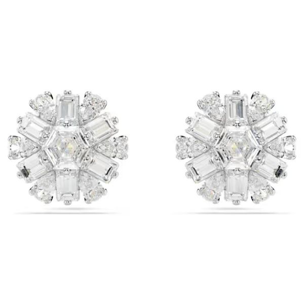 Brincos Swarovski stud Idyllia Combinação de lapidações Floco de neve Branco Lacado a ródio