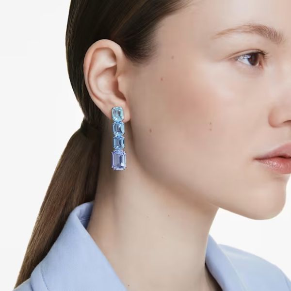 Brincos compridos Swarovski Millenia Lapidação octogonal Gradiente de cor Azuis Lacado a ródio