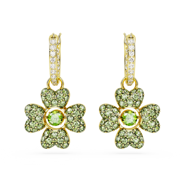 Brincos Swarovski Compridos Idyllia Trevo de Quatro Folhas Verde Lacado a Dourado