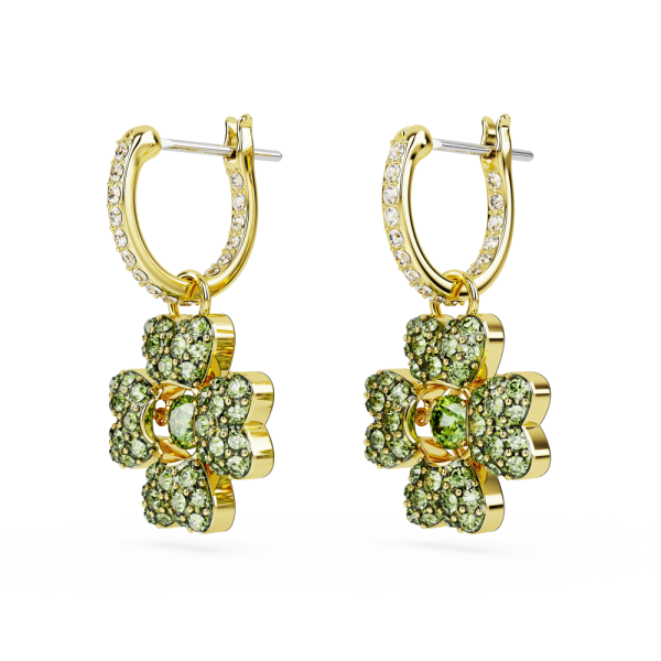 Brincos Swarovski Compridos Idyllia Trevo de Quatro Folhas Verde Lacado a Dourado