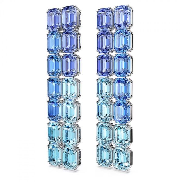 Brincos de mola Swarovski Millenia Lapidação octogonal Gradiente de cor Compridos Azuis Lacado a ródio