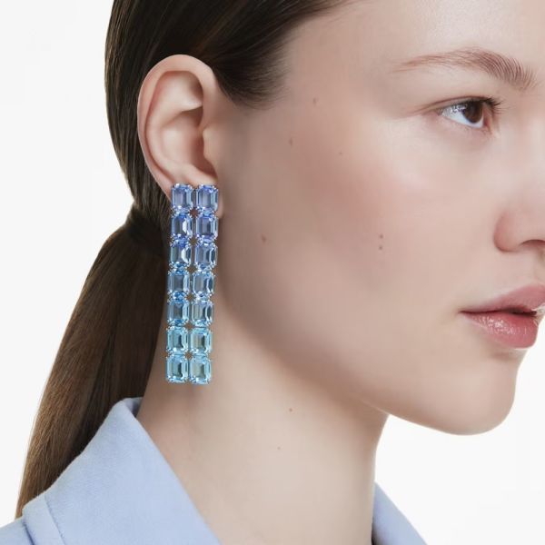 Brincos de mola Swarovski Millenia Lapidação octogonal Gradiente de cor Compridos Azuis Lacado a ródio