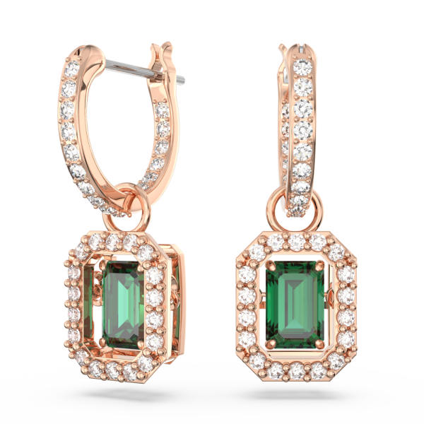 Brincos Swarovski Compridos Millenia Lapidação Octogonal Verde Lacado a Rosa Dourado