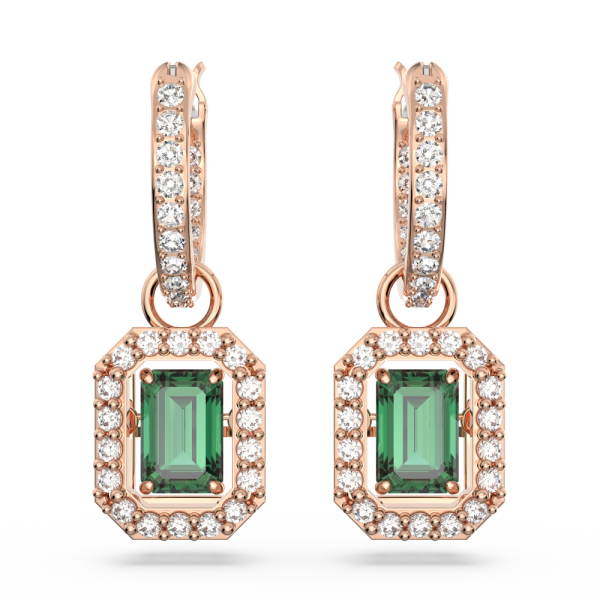 Brincos Swarovski Compridos Millenia Lapidação Octogonal Verde Lacado a Rosa Dourado