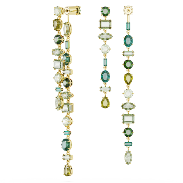 Brincos Swarovski Compridos Gema Design Assimétrico Combinação de Lapidações Extra Compridos Verde Lacado a Dourado