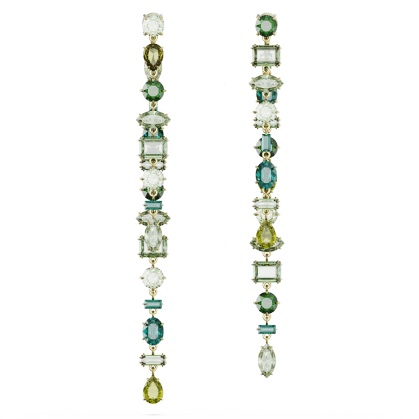 Brincos Swarovski Compridos Gema Design Assimétrico Combinação de Lapidações Extra Compridos Verde Lacado a Dourado