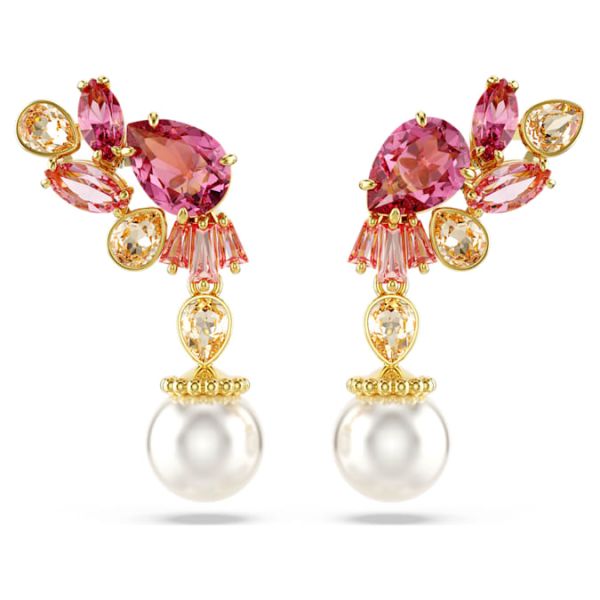 Brincos Swarovski compridos Gema Combinação de lapidações Crystal pearls Flor Rosa Lacado a dourado