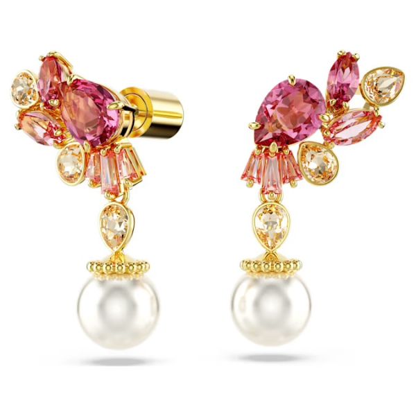 Brincos Swarovski compridos Gema Combinação de lapidações Crystal pearls Flor Rosa Lacado a dourado