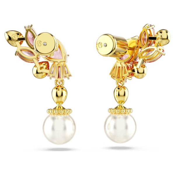 Brincos Swarovski compridos Gema Combinação de lapidações Crystal pearls Flor Rosa Lacado a dourado