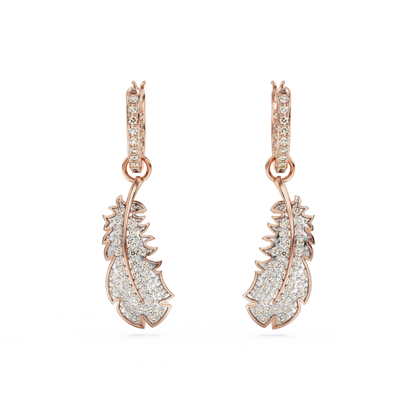 Brincos Swarovski Compridos Nice Pena Branco Lacado a Rosa Dourado